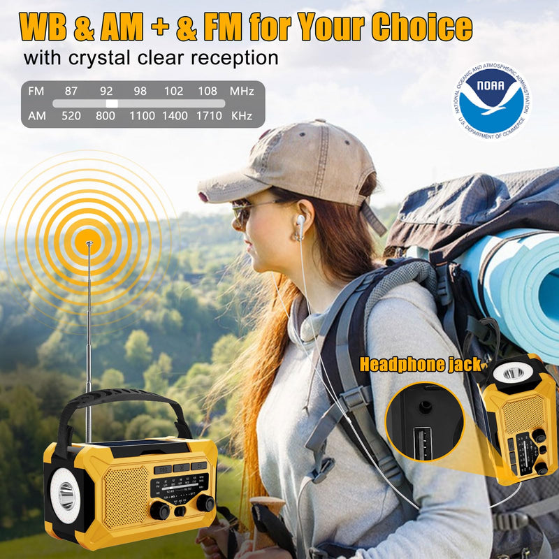 10000mAh Emergency Hand Crank Radio with LED Flashlight, AM/FM NOAA Portable Weather Alert Radio, Solar Powered Radio with Phone Charger, USB Charged, Headphone Jack, SOS Alarm, Compass (Yellow) yellow