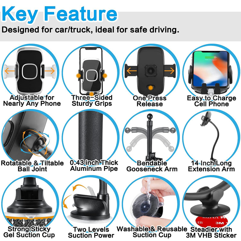 1Zero Solid Car Truck Phone Mount Holder with 14-Inch Gooseneck Long Arm, Windshield Window Mobile Holders w/Industrial-Strength Suction Cup, Anti-Shake Stabilizer Compatible All Cell Phones iPhone Black Mirror Surface with Silver Ring
