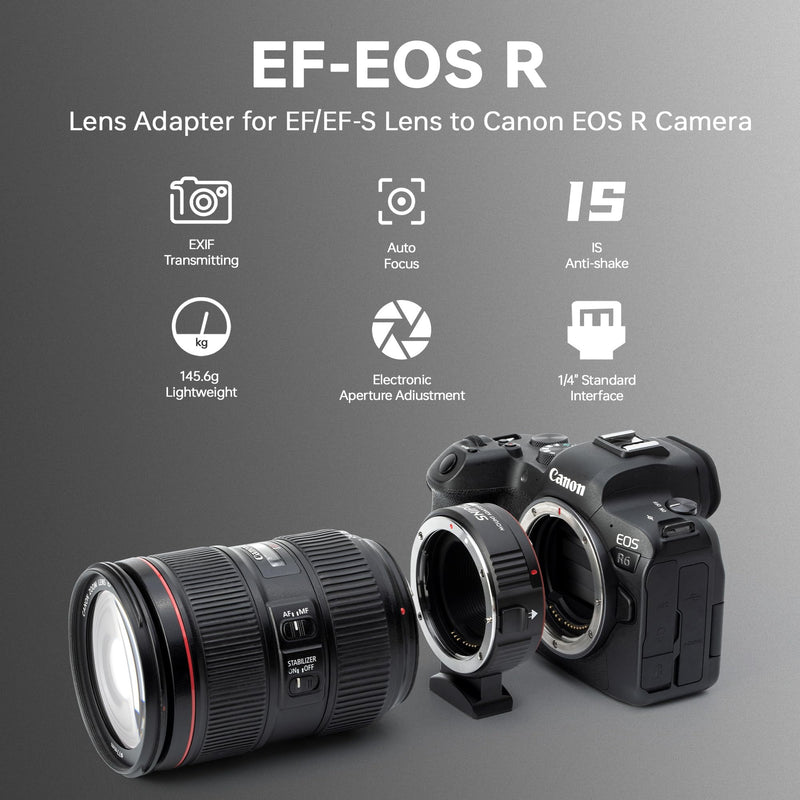 Lens Mount Adapter EF-EOS R Auto-Focus Lens Converter Compatible with Canon EF/EF-S Lens for Canon R Mount Camera EOS R, RP, R3, R5, R6, R6II, R7, R8, R10, R50, R100