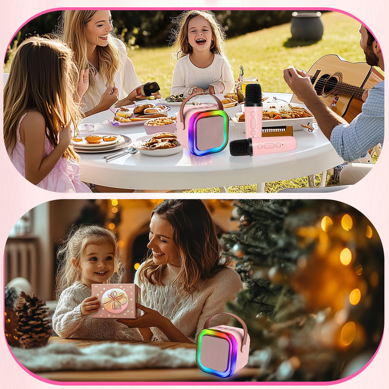 Mini Karaoke Machines for Kids, Girls Portable Karaoke Machine with 2 Microphones Speaker, 3 LED Disco Lights,5 Funny Sound, Gift for Boy Toddler Teen Adult Birthday Holiday Home Party Pink