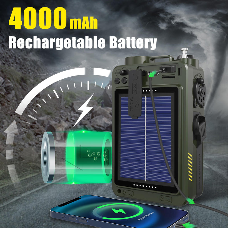 Emergency Crank Radio- Emgykit 4000mAh/14800mWh AM/FM/WB/SW/NOAA Weather Radio with Bluetooth,Flashlight,SOS Alarm, Powered by USB Charged,Hand Crank & Solar Power for Camping, Emergency Green