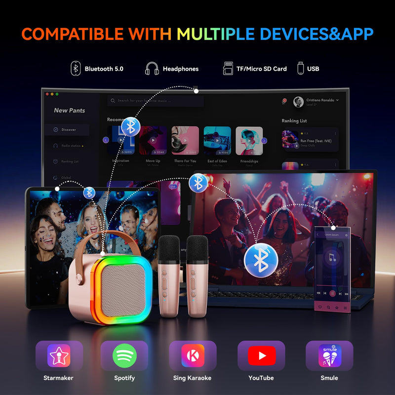 Karaoke Machine for Kids Adults, Portable Bluetooth Mini Karaoke Microphone Singing Speaker with 2 Wireless Mic and Light,Toys for All Smartphones,Birthday, Family,Home Party (Rose Gold) rose gold