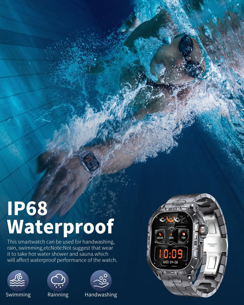 Military Smart Watch for Men with 1.96" AMOLED Screen, IP68 Waterproof Smartwatch with Bluetooth Call/Health Monitor/Sleep Monitor, 100+ Sports Moeds Fitness Tracker for iOS Android