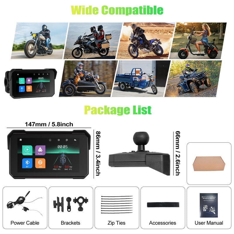 CAMECHO Motorcycle Carplay Screen, Wireless CarPlay Android Auto for Moto, 5" Waterproof Touchscreen Portable Car Stereo Support Dual Bluetooth, Siri, Google Assistant