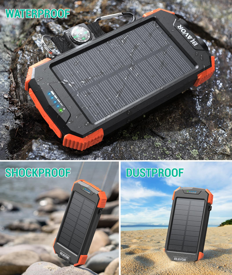 [AUSTRALIA] - BLAVOR Solar Power Bank 10,000mAh, Portable Wireless Charger, 20W Fast Charging External Battery Pack with USB C for Cell Phones, Solar Panel Charging with Dual Flashlight for Camping Orange 