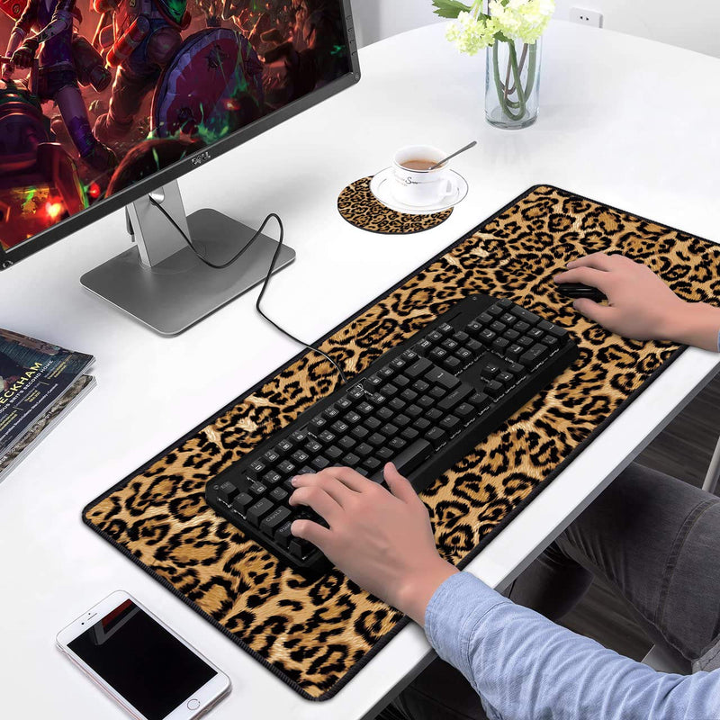 Desk Pad Mat Gaming Mouse Pads with Coasters Set, Stitched Edges Design Mouse Pad XXL Large Mouse Pad for Laptop Computers Leopard Print Desk Writing Mat for Office & Home 31.5"x 11.8"