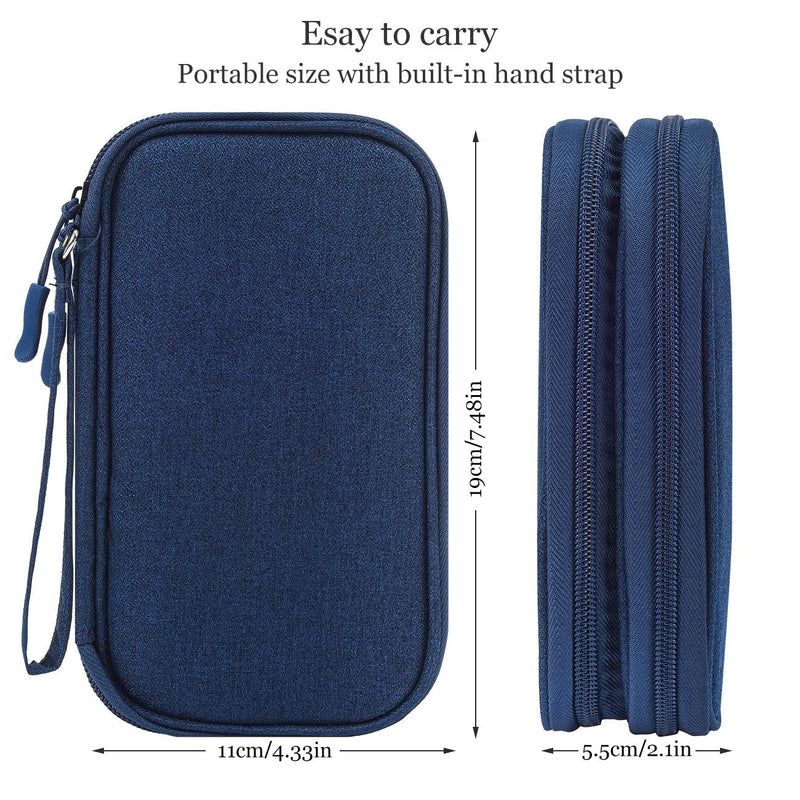 Portable, Waterproof Electronics Accessories Case and Organizer Bag for Cables, USB Drives and Chargers Double Layer - Navy Blue
