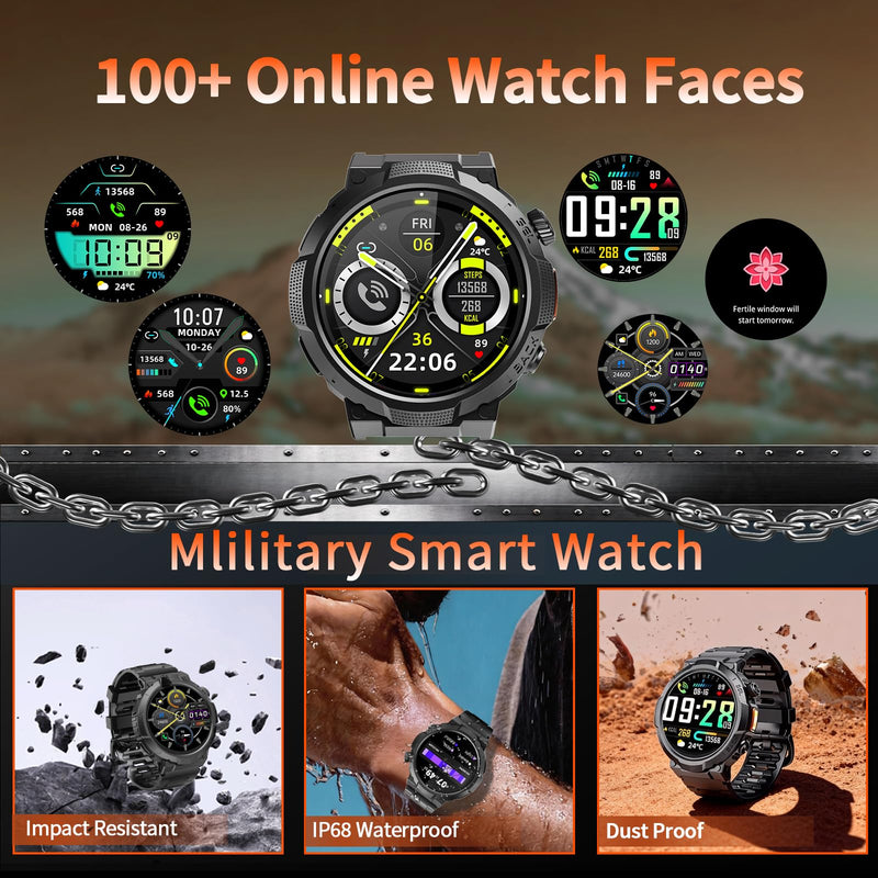 Smart Watches for Men (Answer/Make Call), 1.53" HD Military Smartwatch, 50+ Days Extra-Long Battery Life Fitness Tracker, Flashlight/110+Sports/Heart Rate/Sleep Monitor/IP68 Waterproof Android iOS