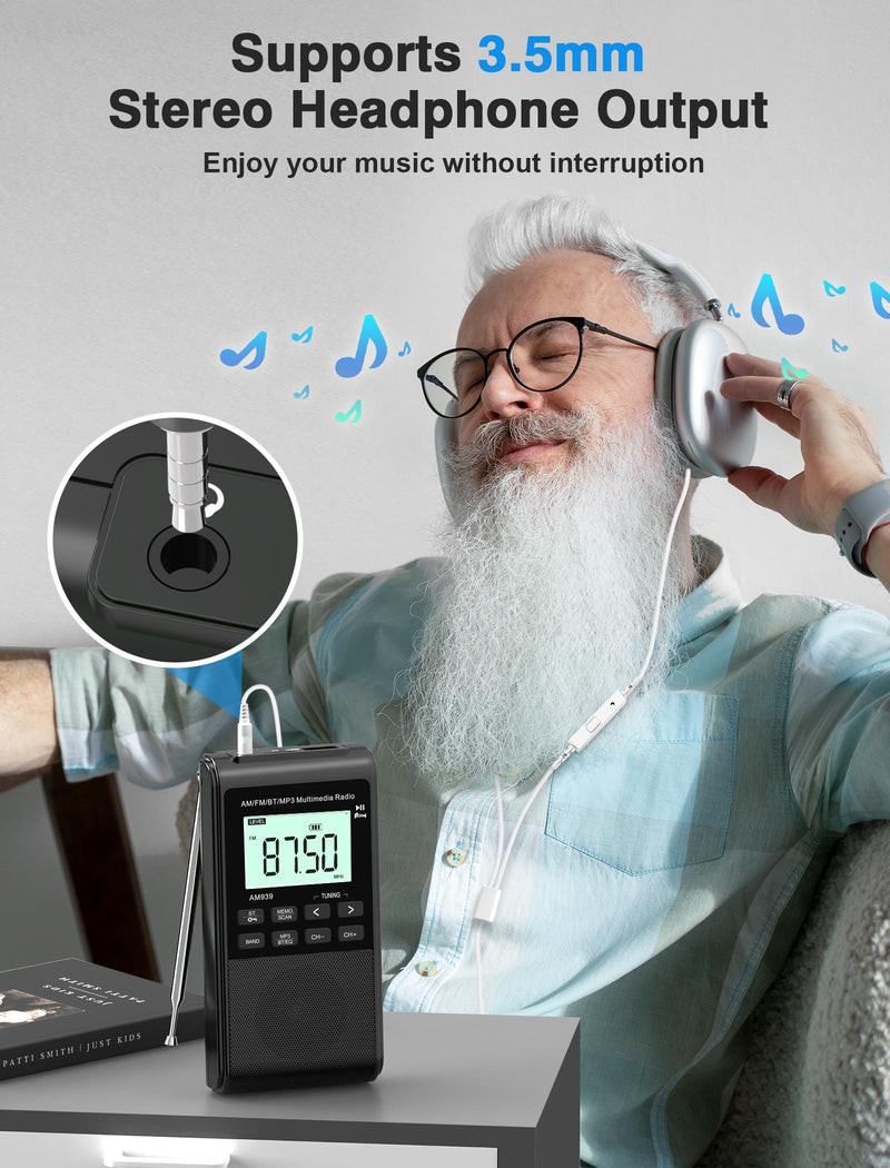 [AUSTRALIA] - Pocket Radio with AM FM-1200mAh Rechargeable Radio-Portable Transistor Radio with Best Reception, Bluetooth Receiver,5W Big Speaker,LCD Screen,Earphone Jack,Support SD Card and USB Player for Jogging Black 