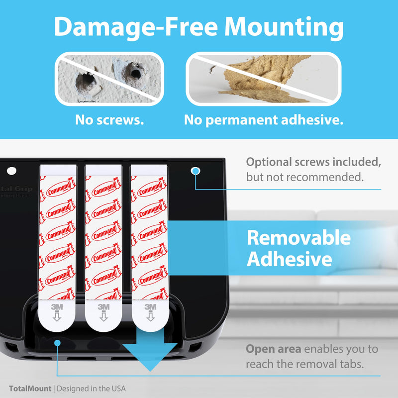 TotalMount Hole-Free Remote Holders – Eliminate Need to Drill Holes in Your Wall (for 2 or 3 Remote Controls – Black – Quantity 2)