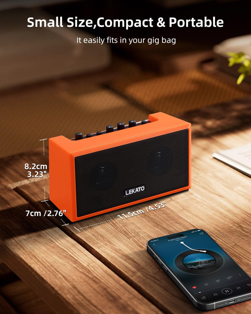LEKATO Mini Guitar Amplifier with Clean Overdrive Effects 5W Rchargeable Electric Guitar Amp Small Bass Amplifier Bluetooth Bass Amplifier for Daily Practice,Orange Orange