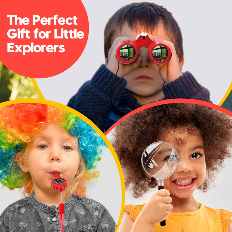 [AUSTRALIA] - Binoculars for Kids 8x21 High-Resolution Real Optics with Magnifying Glass & Whistle Compass, Kids Binoculars for 3-12 Years Boys and Girls, Best Kids Toys for Outdoor Bird Watching, Hiking, Travel Red 