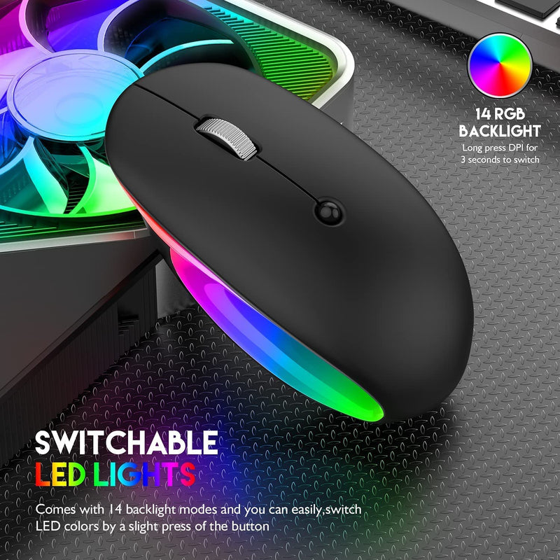 Dancesoul LED Rechargeable Wireless Mouse, 2.4G Noiseless Mouse with USB Receiver and RGB Light,Portable Computer Mice for PC, Tablet, Laptop-Black Mouse