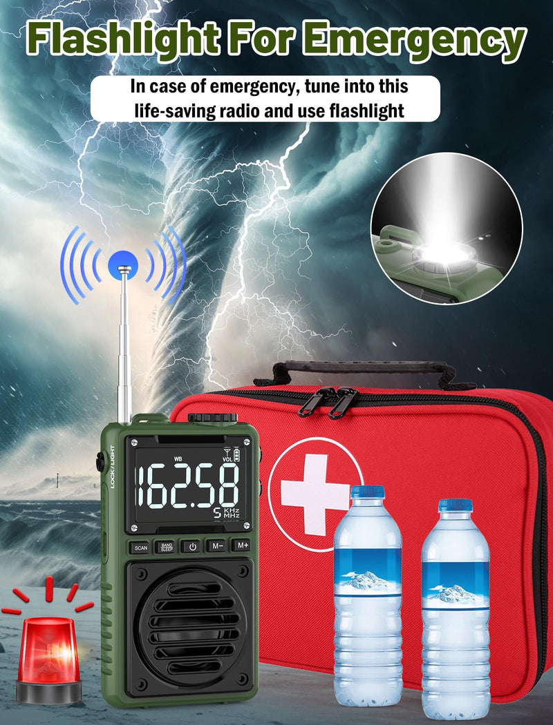 Digital AM FM Weather Band Radio with Flashlight,850mAh Rechargeable Portable Pocket Radio with Best Reception,LCD Screen, Back Clip,Stereo Earphone Jack, SOS Alarm,Sleep Timer for Jogging,Walking Green