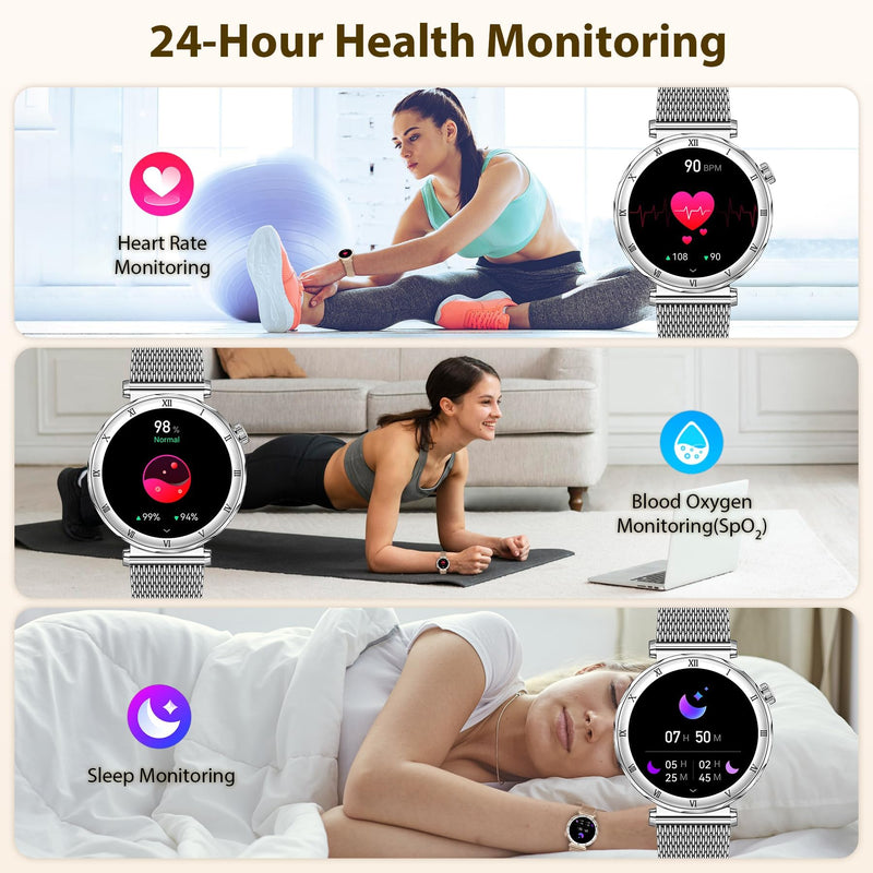 Smart Watches for Women (Answer/Make Calls), 1.19" AMOLED Slim Silver | Smartwatch with Heart Rate/Sleep Monitor,120+ Sport Modes Fitness Tracker with Bluetooth for iOS/Android Silver 1.19''