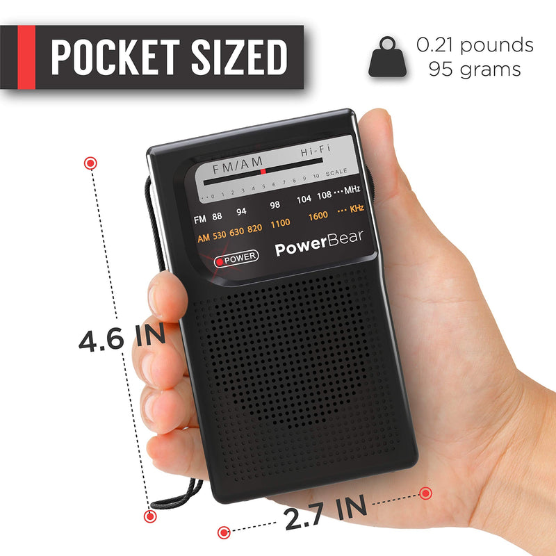 PowerBear Portable Radio | AM/FM, 2AA Battery Operated with Long Range Reception for Indoor, Outdoor & Emergency Use | Radio with Speaker & Headphone Jack (Black) Black