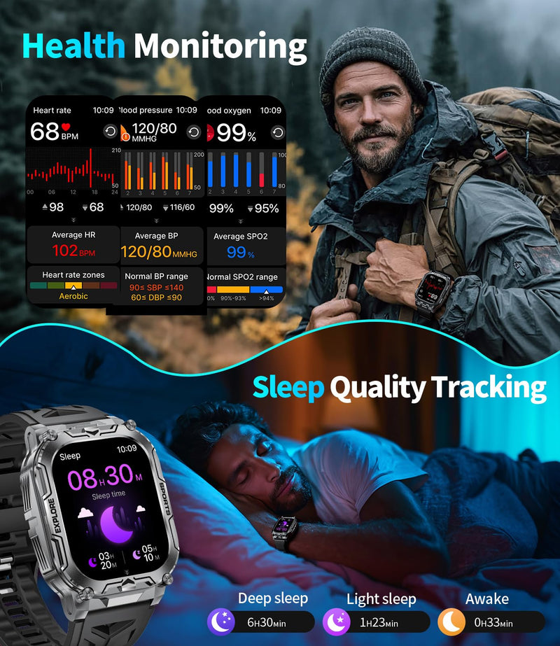 Military Smart Watches for Men(Answer/Dial Calls),2.01" Ultra Large HD Smartwatch with 60 Days Extra-Long Battery/Heart Rate/Sleep Monitor/Flashlight/2 Straps,Rugged Fitness Watch for iOS/Android Gold