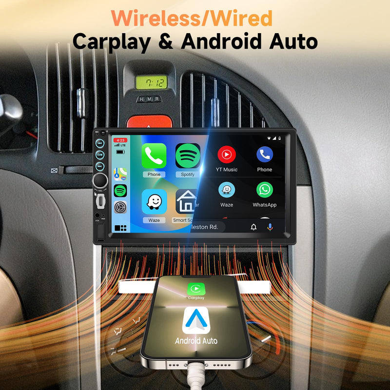Double Din Car Stereo 7" HD Touchscreen, Wireless Carplay & Android Auto, Bluetooth,SWC,FM Car Radio Receiver, Car Stereo Double Din Backup Camera Car Audio Receivers Mirror Link,AUX/EQ/SWC