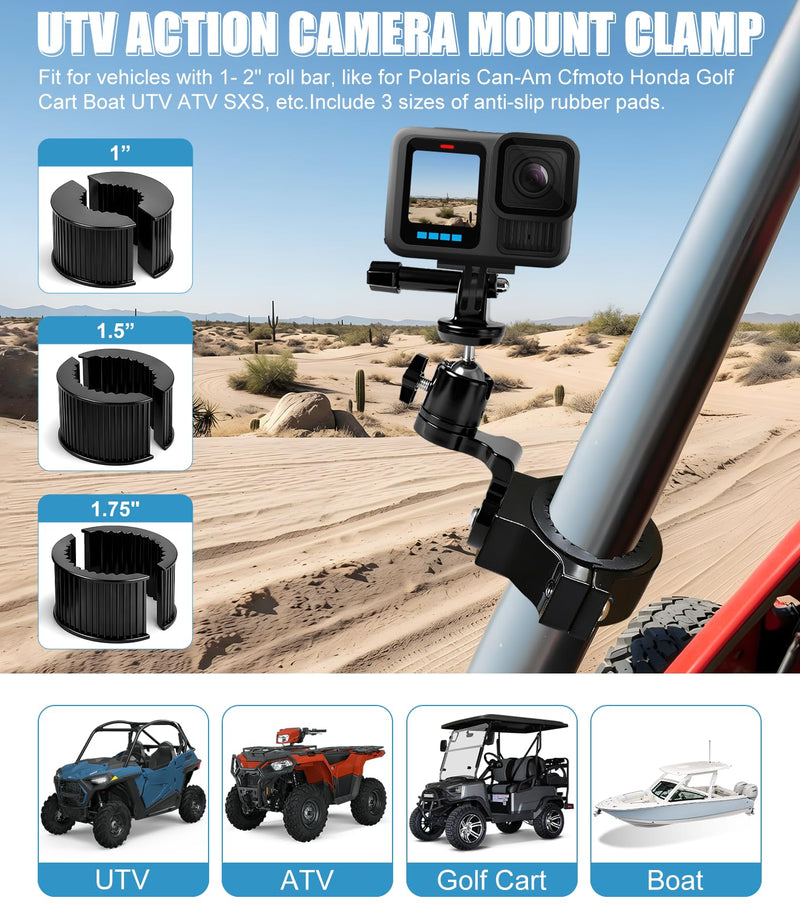 [AUSTRALIA] - UTV Aluminum Action Camera Clamp Mount Holder Fits for GoPro Hero 13 12 11 10 9 8 7 6 5 4 3 DJI Osmo Arlo Akaso EK7000 Insta360 Cams, 1-2" Roll Bar Clamps for SXS Polaris Ranger Can-Am CF Moto 
