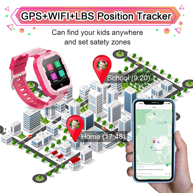 Wonlex 4G GPS Smart Watch for Kids with SIM Card, 1.4" Touch Screen Kids Smartwatch for Boys Girls Gift, Kids Phone Watch with Video Calls/Voice Chat/Camera/Music/Alarm/SOS/Pedometer Pink