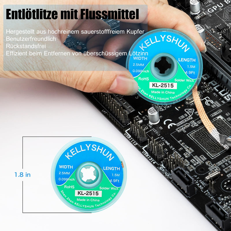 KELLYSHUN KL-558 Flux Soldering, 10 ml No-Clean Lead-Free Rosin Flux (1 Piece) 2.5 mm / 1.5 m Desoldering Braid (Pack of 3) Suitable for Mobile Phone Soldering, BGA, Household Appliance Repairs Flux (1 piece) desoldering braid (3 pieces)