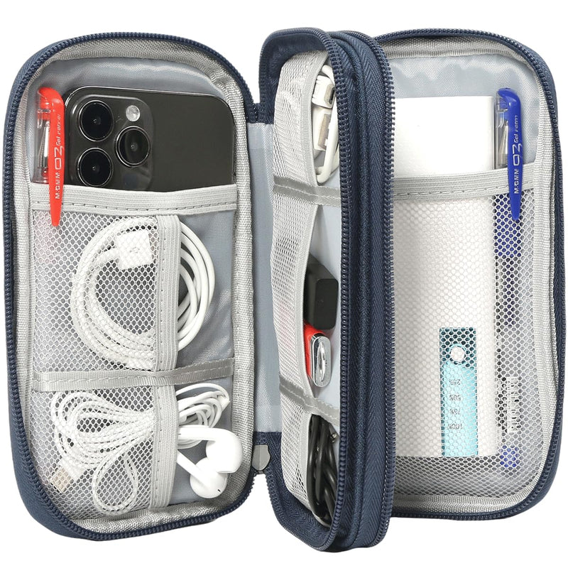 Electronic Bag Travel Cable Accessories Bag Waterproof Double Layer Electronics Organizer Portable Storage Case for Cable, USB, Cord, Charger, Phone, Power Bank, Earphone (Navy Blue, Large) Navy Blue