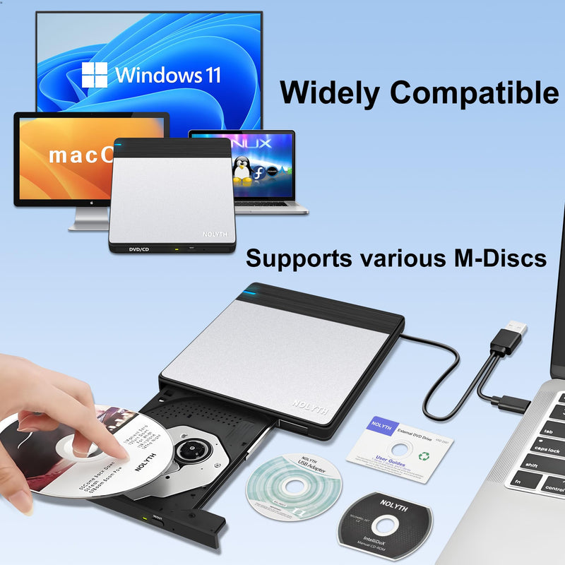 External CD Drive for Laptop: DVD Player for Mac Windows Plug & Play | External CD DVD Drive for Mac PC MacBook Windows 11, Slim USB Burner for Laptop with SD/TF/2 USB Ports, High-Speed Read Write Black Silver