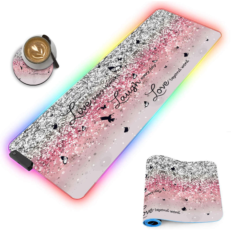 CICPLKSE Customized RGB Gaming Mouse Pad and Coffee Coaster,Large Glowing Led Anti-Slip Rubber Base Computer Keyboard Desk Mouse Mat 31.4x11.8 Inch,Pink Glittering Live Laugh Love Pink Glittering Live Laugh Love