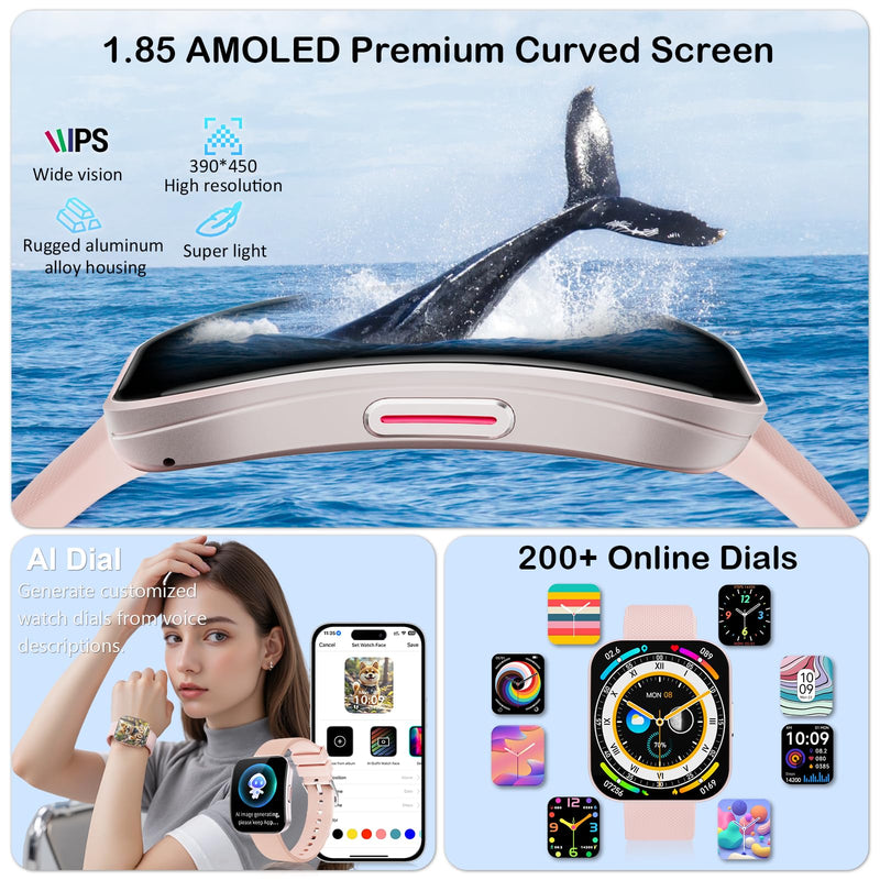 MFVLP Smart Watch for Men Women, Bluetooth Calls, AI Dial, AI Q&A, 1.85" HD AMOLED Curved Display Fitness Watch with Blood Pressure Sleep Heart Rate Monitor