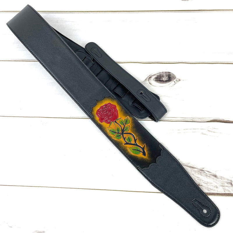 Walker & Williams CVG-56 Black Leather Strap With 100% Hand Tooled Red Rose Design