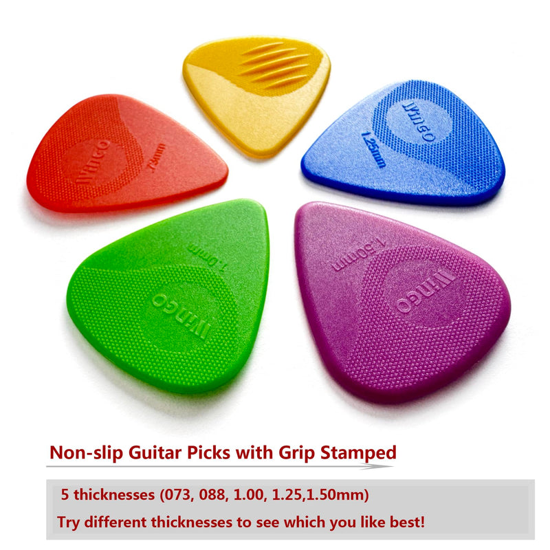 WINGO Guitar Picks with Grip Stamped, Non Slip Picks 5 Pack (073, 088, 1.0, 1.25, 1.5mm) for Acoustic Electric Guitar Bass Multicolor