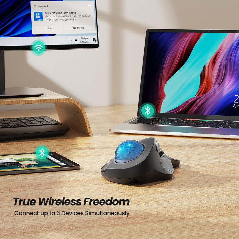 Nulea M505A Wireless Trackball Mouse Ergonomic 44mm Index Finger Control | Rechargeable rollerball mouse with 5 DPI levels,Bluetooth connection,smooth tracking,compatible with PC Mac Windows-Blue B-Blue