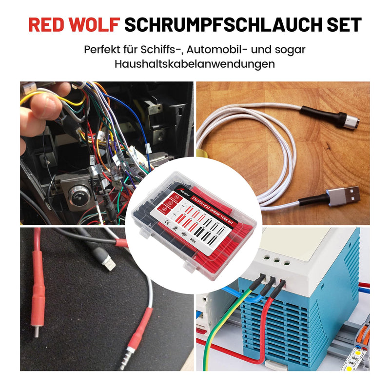 [AUSTRALIA] - RED WOLF Heat Shrink Tube Set with Adhesive 3:1 Shrink Ratio Double Wall Heat Shrink Tube Waterproof Heat Shrink Tube Red & Black 270 Pieces 