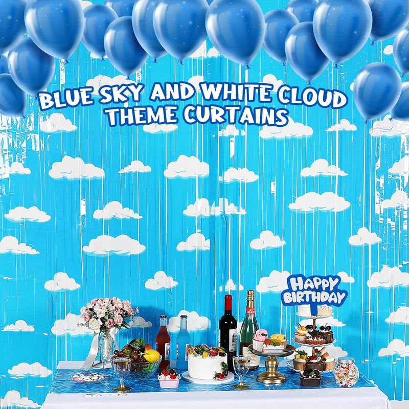 XunYee 3 Pack Blue Sky White Clouds Birthday Party Supplies, Clouds Theme Tinsel Foil Fringe Curtains Toy Party Supplies, Baby Kids Shower Cartoon Story Birthday Party Decorations
