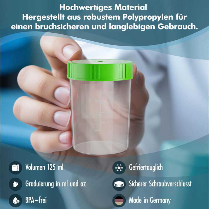 Theracaso Sample Cup Set - 10 Pieces of 125 ml - Includes 40 Labels - Leak-proof Urine Cups with Screw Lid Graduated up to 100 ml - For Kitchen, Crafts, Medicine, Urine Samples - Can Be Written On