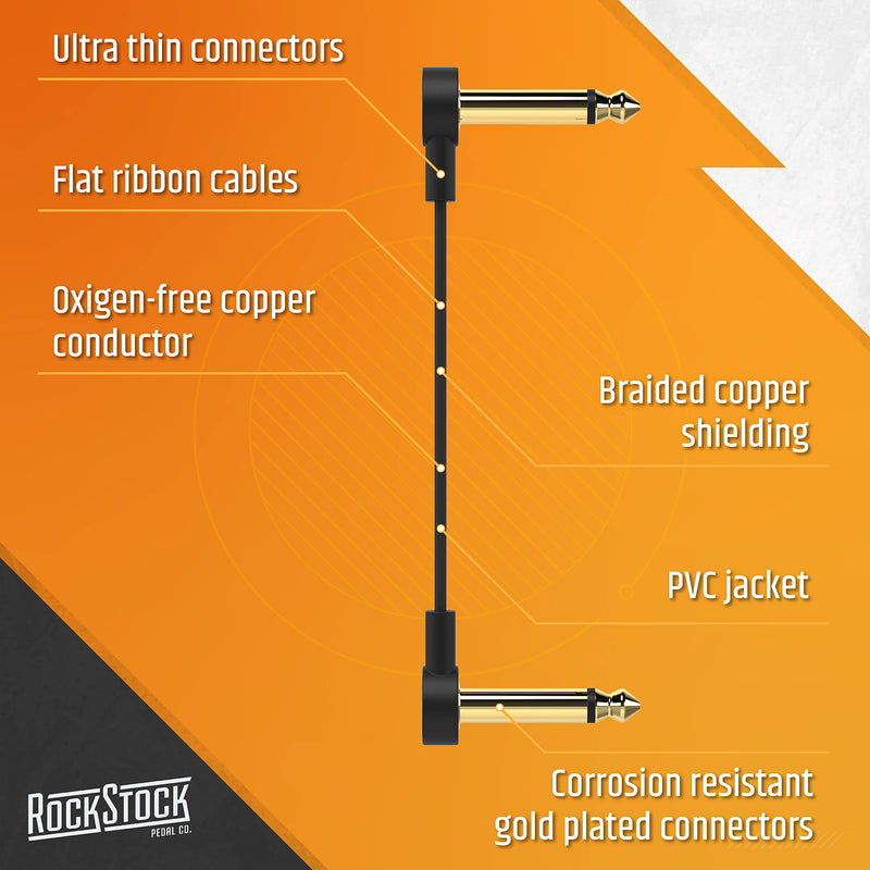 [AUSTRALIA] - Rock Stock Guitar Flat Patch Cables (Pack of 3) - 6 Inch C-Shape Ultra-Thin Effect Guitar Pedal Patch Cables - Right-Angle, Black with Durable Gold Plated Connectors, Maximize Pedalboard Space 6 Inches 