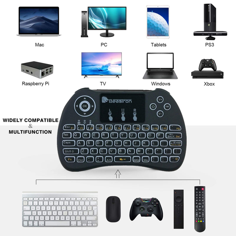 Beastron 2.4G Mini Wireless Keyboard with Touchpad＆QWERTY Keyboard, Backlit Portable Keyboard Wireless with Remote Control for Laptop,PC,Tablets,Pad,Google Android TV,Xbox,PS3/4 .Black