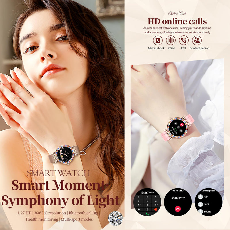 Smart Watch for Women(Answer/Make Calls), 5ATM Waterproof Fitness Watch Fitness Watch with Heart Rate/SpO2/Blood Pressure, Bluetooth Smartwatch for Android iPhone, with 2 Watch Bands (Gold) Gold