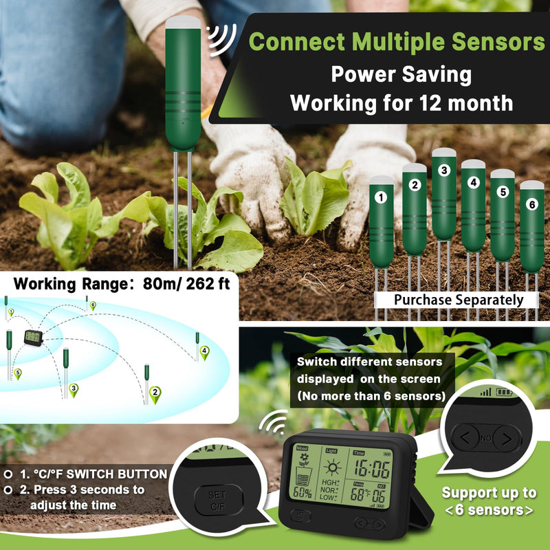 [AUSTRALIA] - 4-in-1 Wireless Soil Moisture Meter/Thermometer/Sunlight/Time,PH Paper, Waterproof Plant Moisture Sensor Meter with Digital LCD Display for Garden, Lawn and Indoor Plants 4-in-1 Display+2 Sensor 