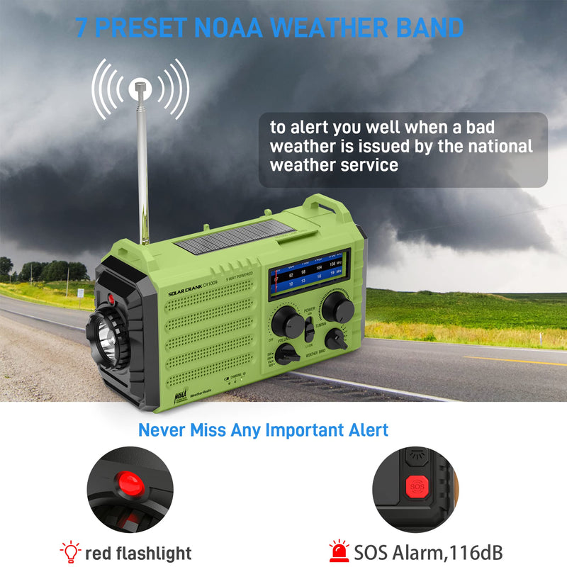 [AUSTRALIA] - NOAA Weather Radio, Emergency Hand Crank Radio with Solar Charger, Portable Battery Operated AM FM Shortwave Radio with LED Flashlight, USB Charger, Earbud Jack, SOS Alert for Home Survival Hurricane Green 
