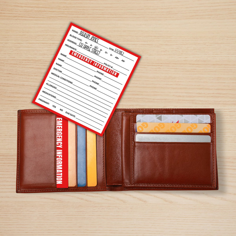 Medical ID Information In Case of Emergency Folded Wallet Card | 10pk 2x3.5” Folded Contacts Doctor Allergies Medications Write In Blood Type