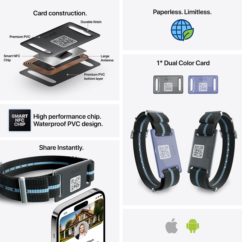 NFC Digital Business Card Wristband v3 - Tap or QR Share, No Subscription, Dual-Color Band (Black & Blue)