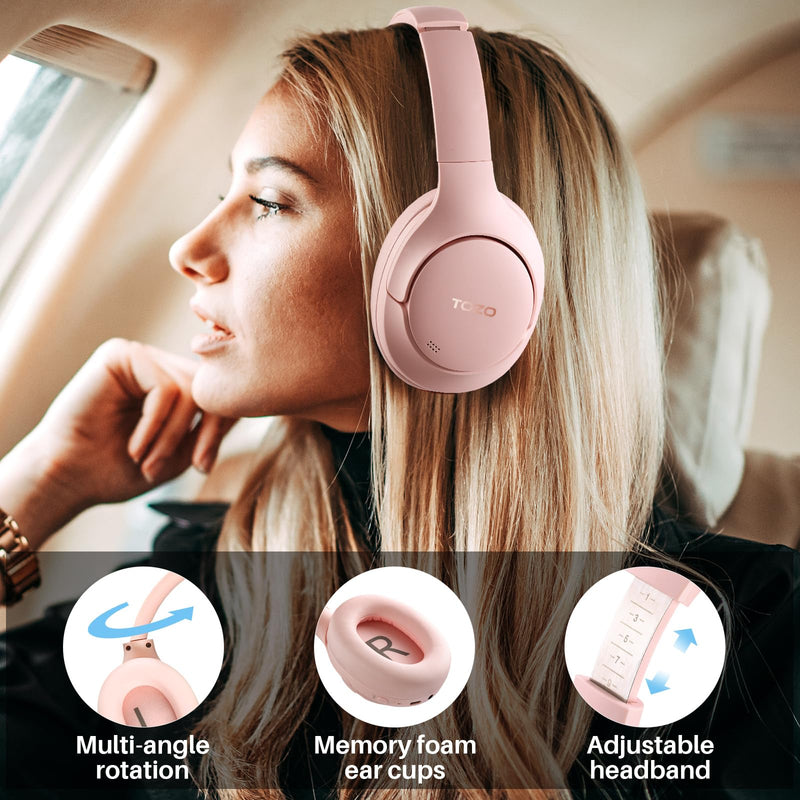 TOZO Hybrid Active Noise Cancelling Headphones, Hi Res Audio | Wireless Over Ear Bluetooth Headset, 60H Playtime, Custom EQ via App Deep Bass Comfort Fit Ear Cups, for Home Office Travel Pink