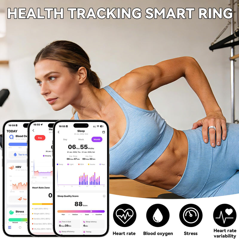 Smart Ring for Women Men,Fitness Tracker Ring,Heart Rate,Blood Oxygen,Step Tracker,Sleep Tracker,Meditation Assistance,No Subscription Fee,IP68 Waterproof,2026 New Holiday Gifts (Silver 8) Silver