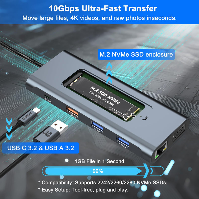 USB C Dock with M.2 NVMe SSD Enclosure, 10Gbps M.2 NVMe SSD Docking Station, USB C Hub with SSD Slot, Laptop Docking Station with 4K HDMI/PD100W/USB 3.2 Gen2/VGA/Gigabit LAN/SD/TF Card Reader
