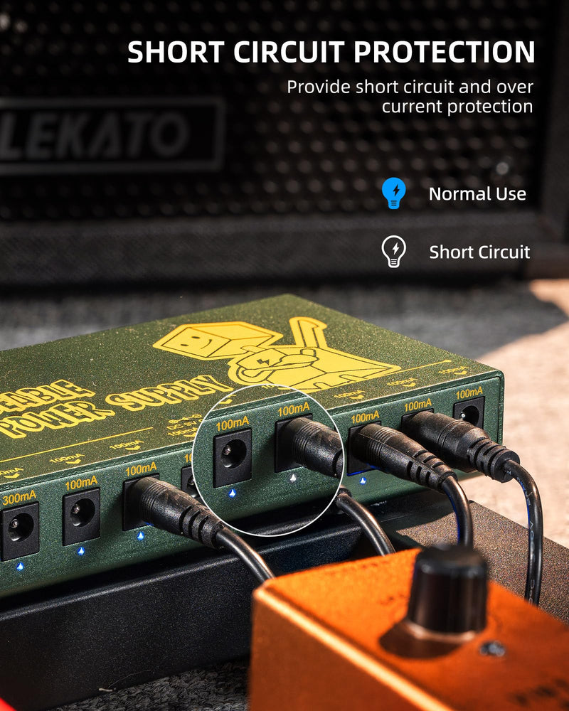 LEKATO Built-in 10000mAh Rechargeable Battery Guitar Pedal Power Supply, 10 Isolated DC Outputs, 9V 300mA, 100mA Effect Pedal Boards Power Supply, 5V/1A USB Port, Short Circuit Protection, PS-01R