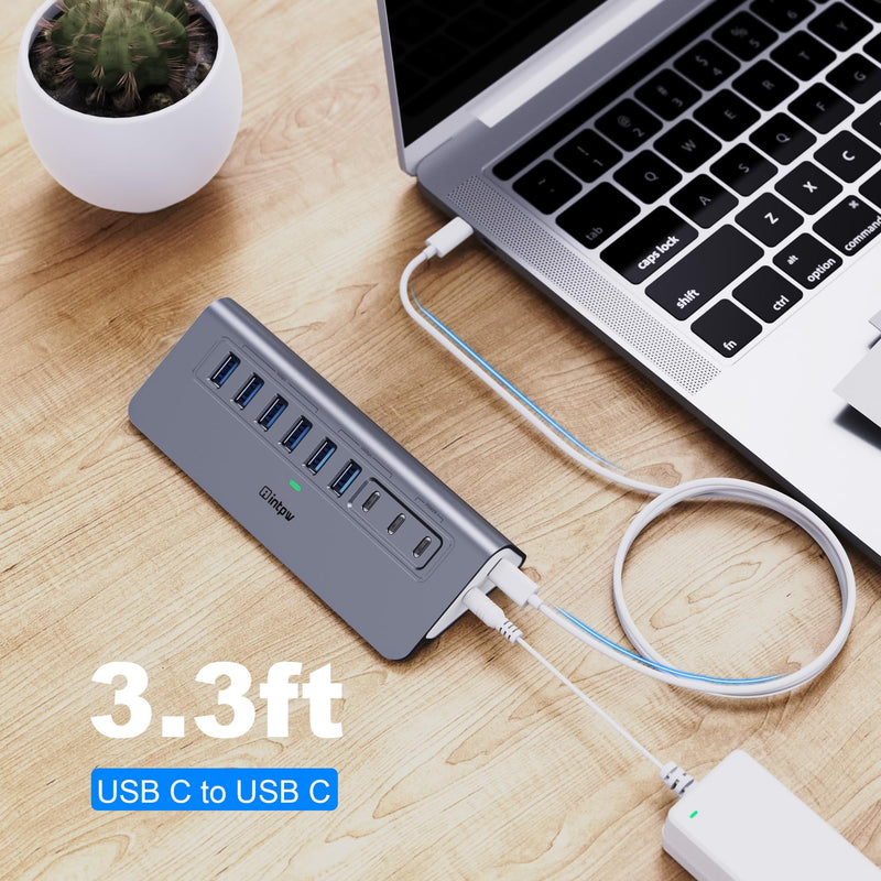Powered USB Hub 10Gbps, intpw YH6AC 9-Port USB Splitter with USB A/USB C 3.2, 4 USB 3.0, 2 PD 45W Charging Ports, 65W Power Adapter + 3.3FT Cable, Aluminum USB Extender Hub for Laptop, PC,iPhone 17/16 Gray 9 Port