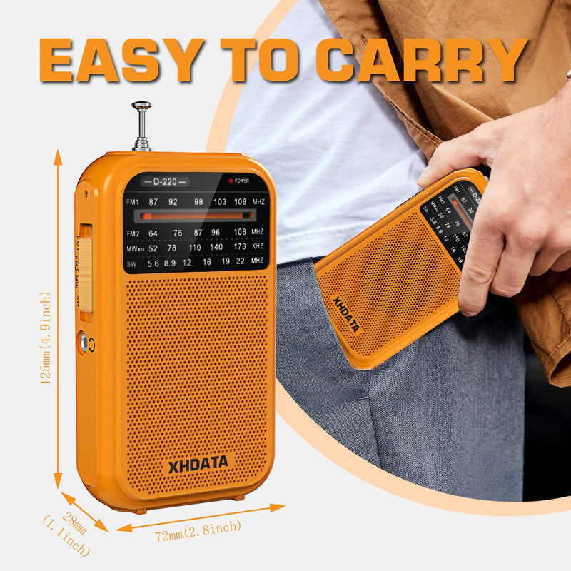 D220 Portable Radio AM FM SW Shortwave Radio Receiver Pocket Radio, 2 AA Battery Operated, Transistor Radio with Excellent Reception for Gift, Family, Elder (Orange) Orange
