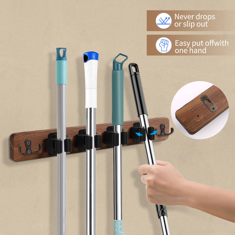 Cyiecw Broom Holder Wall or Broom Holder Over the Door, Drillable Tool Wall Mount, Wooden Stainless Steel Broom Mop Tool Garden Tool Holder, Door Organiser with 4 Holders and 2 Hooks, 1 Piece (Brown) Brown