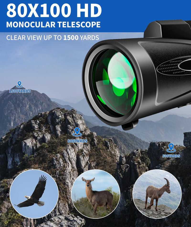 Monocular Telescope 80x100 High Power with Smartphone Adapter Tripod,Larger Vision Monoculars for Adults with BAK4 Prism & FMC Lens, Suitable for Bird Watching Hunting Hiking Camping Wildlife-Black Black